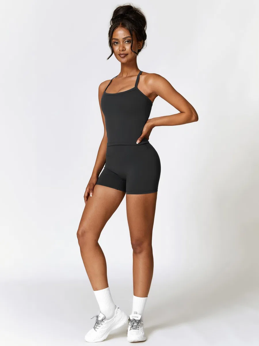 IDOPIP Sportanzug Zweiteiler Damen für Fitness: Spaghettiträger Sommer Outfits mit BH-Polster und hohe Taile Leggings kurz - Gym Set für Yoga, Pilates und Workout