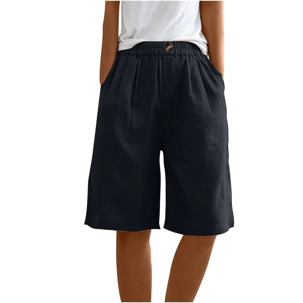 EMATOP Kurze Leinenhose Damen Sommer Leicht Shorts Knielang Stoffhose Casual Baumwolle Leinen Hose Locker Luftig Strandhose Elegant Einfarbiges Sommerhose Weites Hosen mit Taschen Sporthose