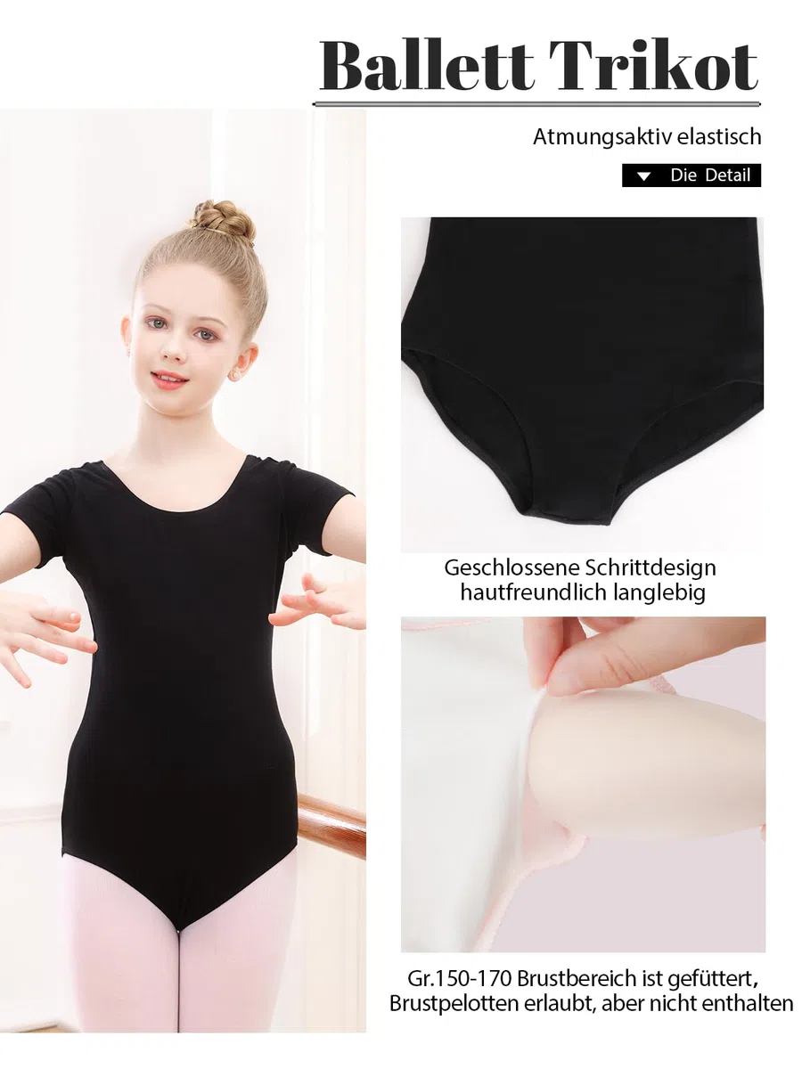 Ballettkleidung Mädchen Ballett Trikot Kinder Ballettanzug Kurzarm Ballett Body Tanzbody Baumwolle Turnanzug Gymnastikanzug für Mädchen Damen Gr.100-170