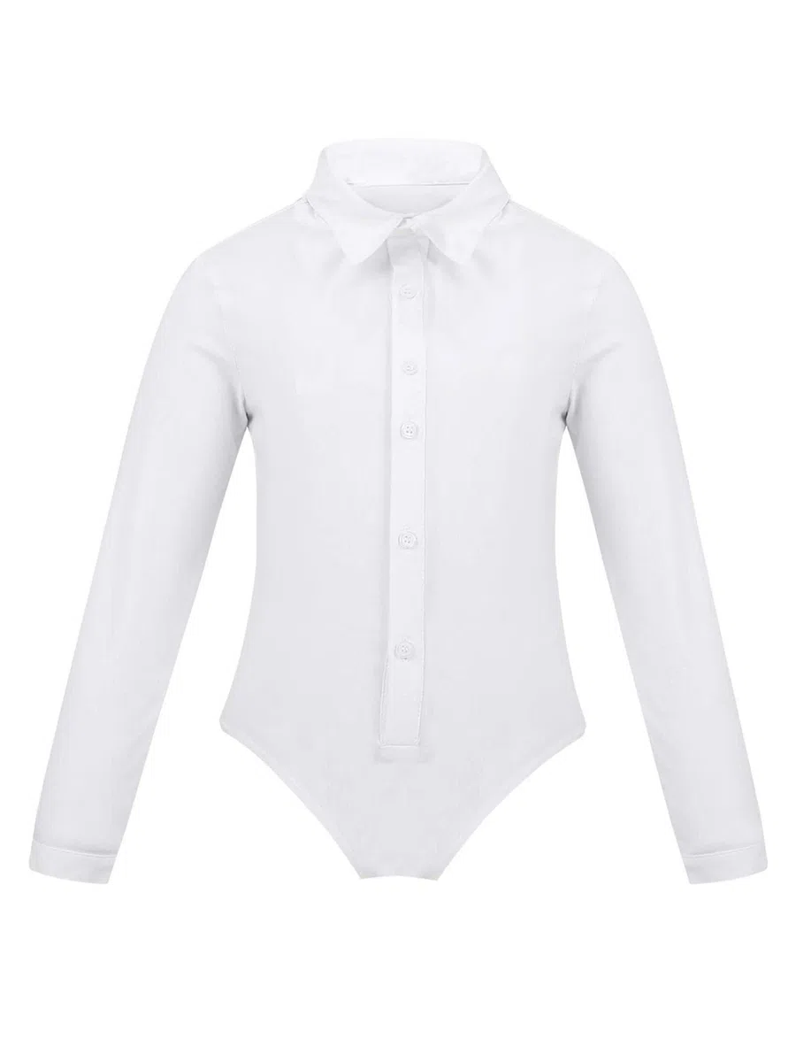Kinder Jungen Body Langarm Strampler Overall Slim Fit Hemd Langarmbody Tanzhemd Latein Ballsaal Tanzkostüm Weiß 146-152