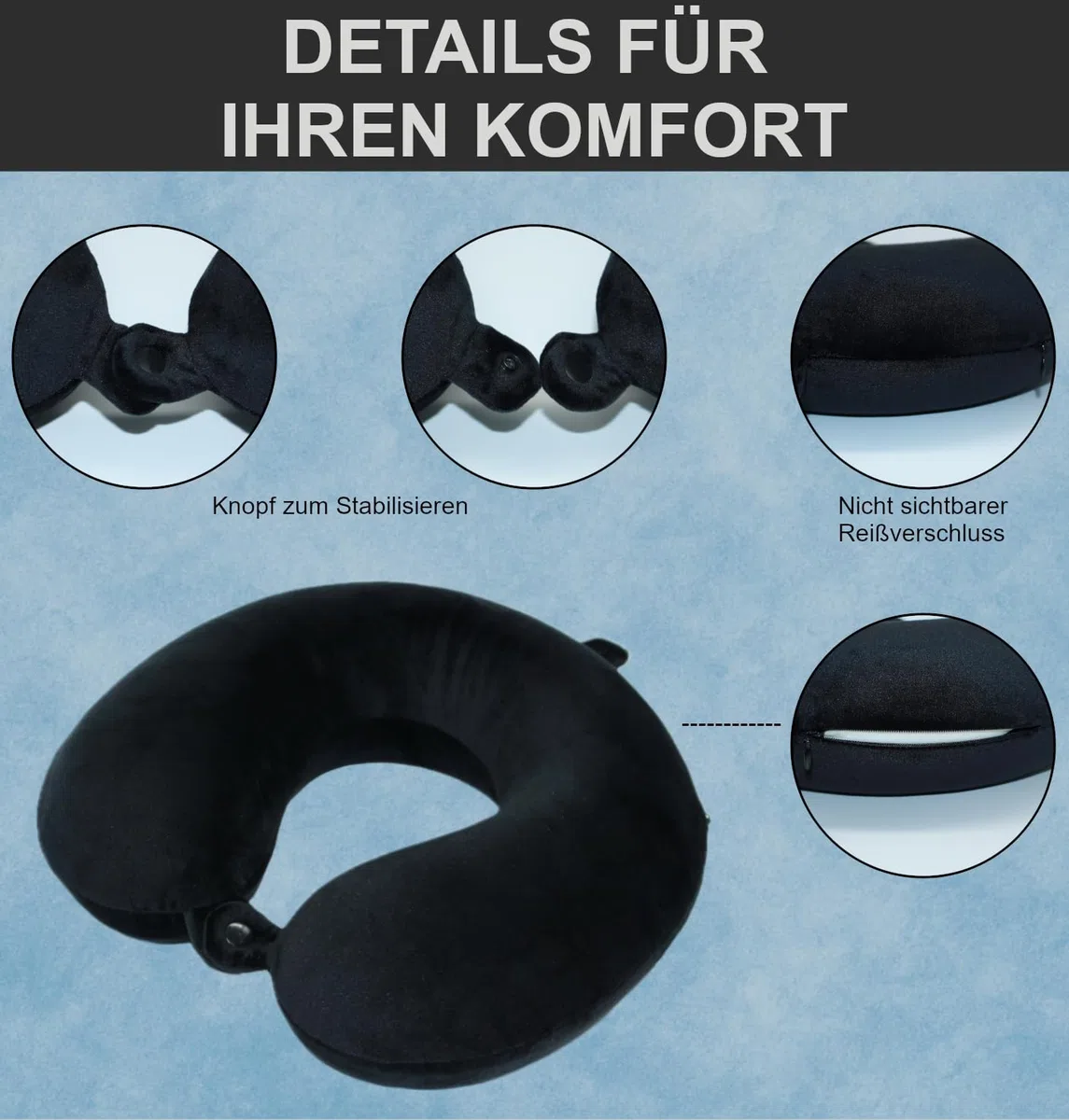 Reisekissen (Essentials) - 100% Memory Foam - U-förmiges Nackenkissen mit samtweichem Bezug - Nackenhörnchen - Ideal für Reisen, Flugzeug, Auto, Büro und Zuhause, waschbar (Schwarz)