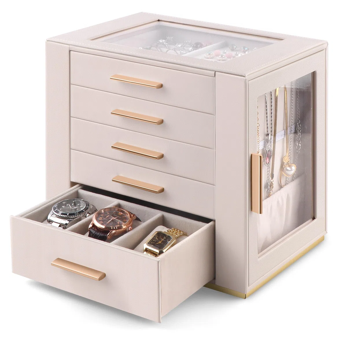 Homeanda Großes Schmuckkästchen 5 Lagen PU Leder Aufbewahrungsbox für Ringe Ohrringe Halsketten Armbänder Uhren Haarschmuck Beige