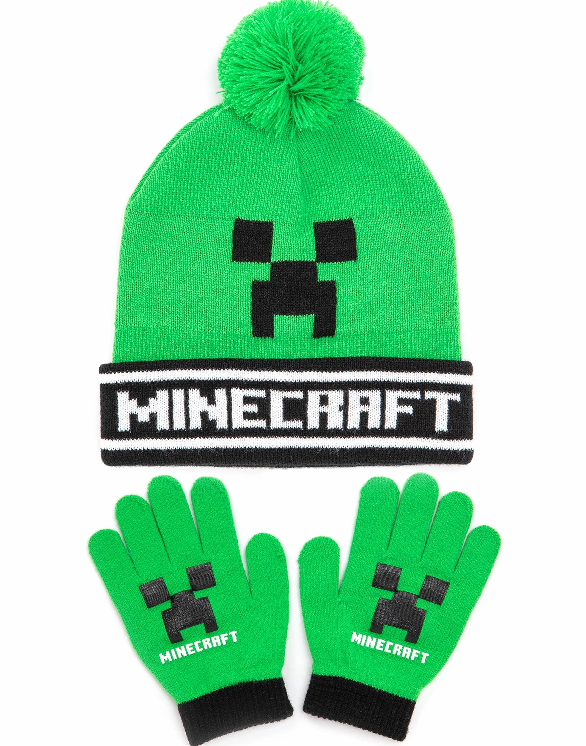 Minecraft Kids Bobble Hat Handschuhe Set Creeper gestrickte Beanie Gamer Geschen Einheitsgröße
