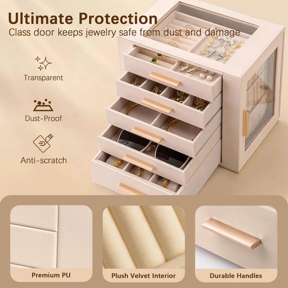 Homeanda Großes Schmuckkästchen 5 Lagen PU Leder Aufbewahrungsbox für Ringe Ohrringe Halsketten Armbänder Uhren Haarschmuck Beige