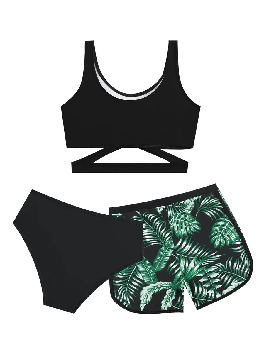 Mädchen Bikini Set 3-teilig mit Badeshorts, Kreuz-Badeanzug für Teenager & Kinder, Modische Badebekleidung für Strand und Pool, 9-14 Jahre (128,134,140,146,152,158,164)