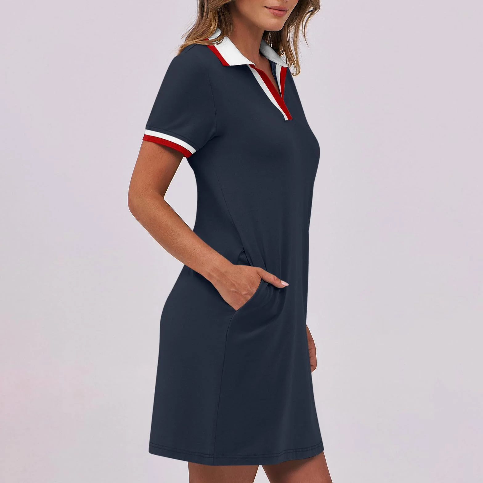 Polokleid Damen Sommer Revers Minikleid Knielang Freizeitkleid Kurzarm Sommerkleid Einfarbig Golf Kleid Kurze Shirtkleid mit Taschen Leichte Bequem Sportkleid Lässiges Tennis Kleider