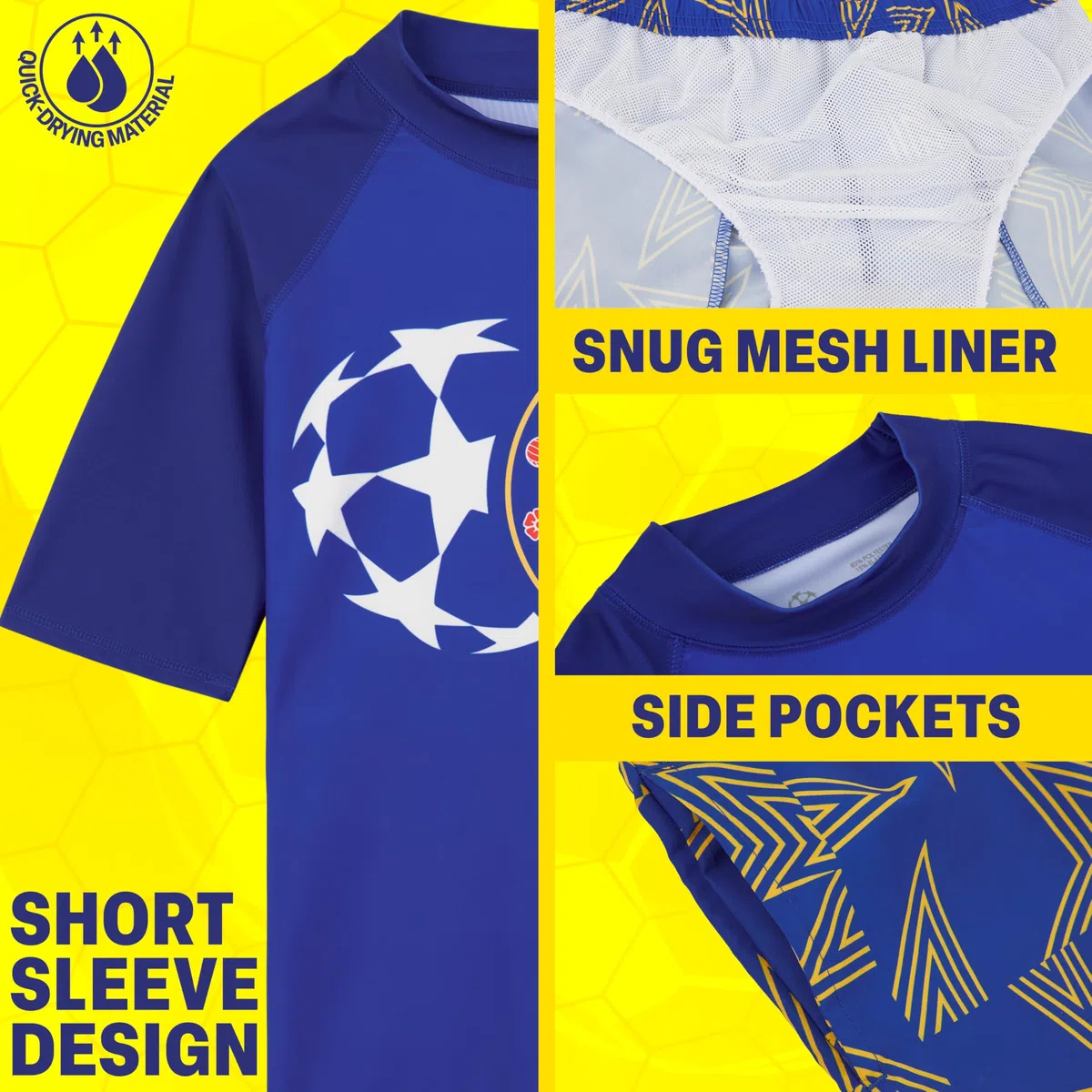 Chelsea FC Badeanzug Set Jungen Teenager 5-14 Jahre, Kurzarm Badehose und Rashguard, UPF 50+ Bademode für Strand Pool Urlaub, Fußball Geschenke
