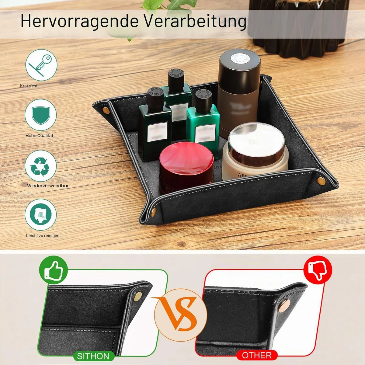 SITHON Taschenleerer - Tablett Organizer, Ablage Aufbewahrungsbox, Kunstleder Ablageschale Schlüsselschale für Uhren Handy Schmuck Schlüssel Münzen Geldbörse und Büroausstattung, (Schwarz)