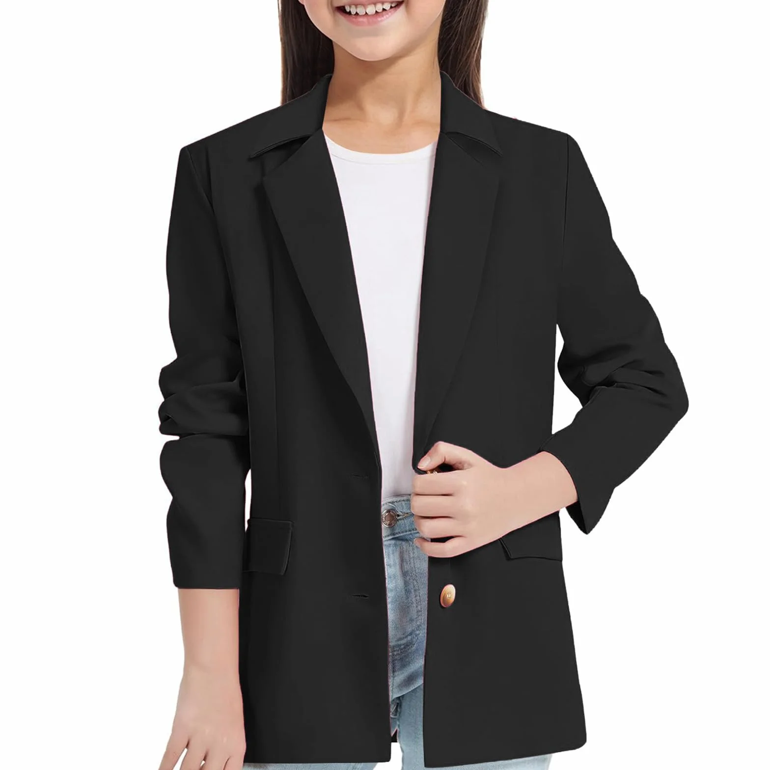 Generisch Blazer Mädchen Elegant Einfarbig Anzugjacke Kinder Freizeitjacke Langarm Trenchcoat mit Seitentasche und Taschen Reverskragen Anzugjacke Offene Front Arbeitsanzug Formale Anzug