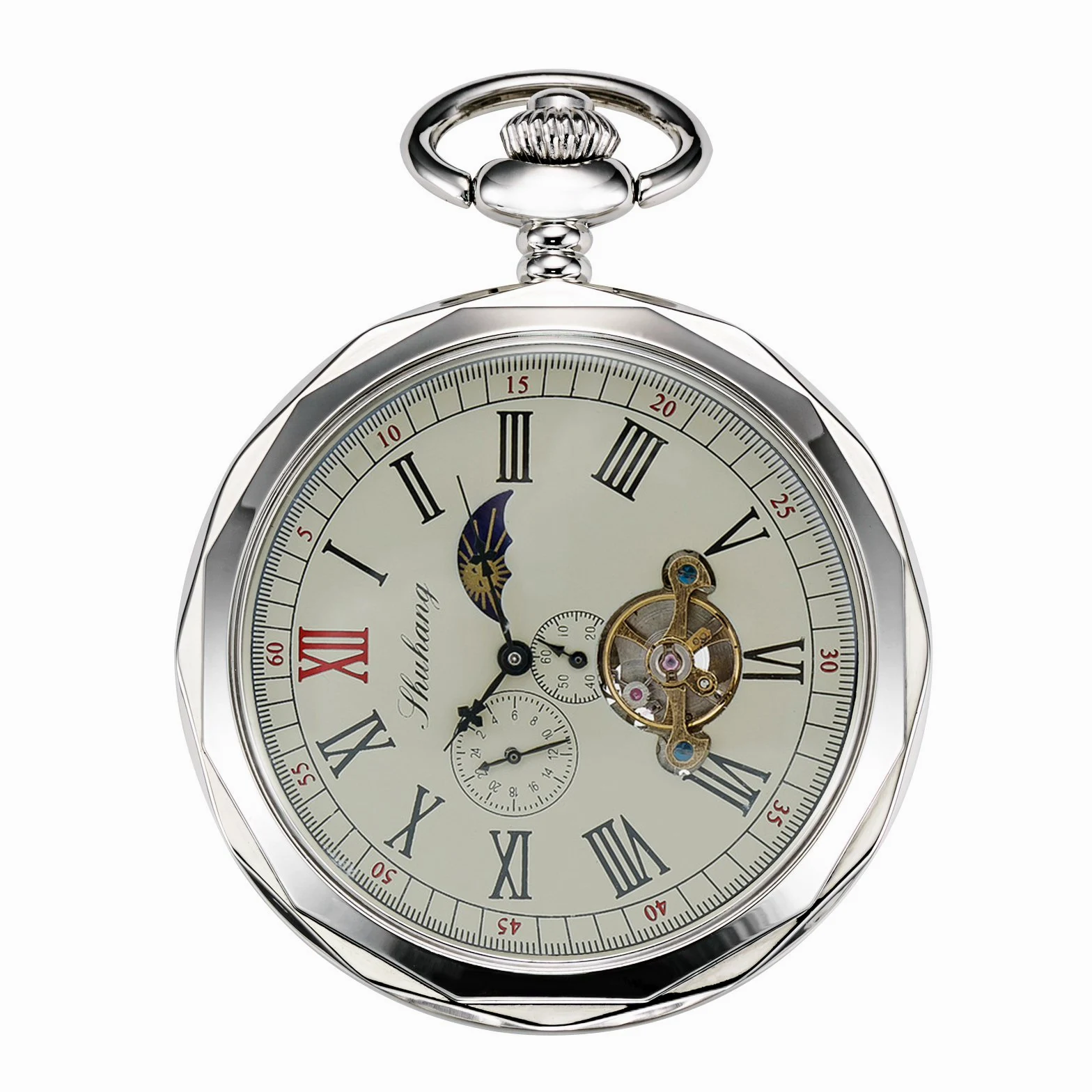 TREEWETO Mechanische Taschenuhr, römische Ziffern, offenes Zifferblatt mit Kette, 24 Stunden, Mond, Sonne + Box