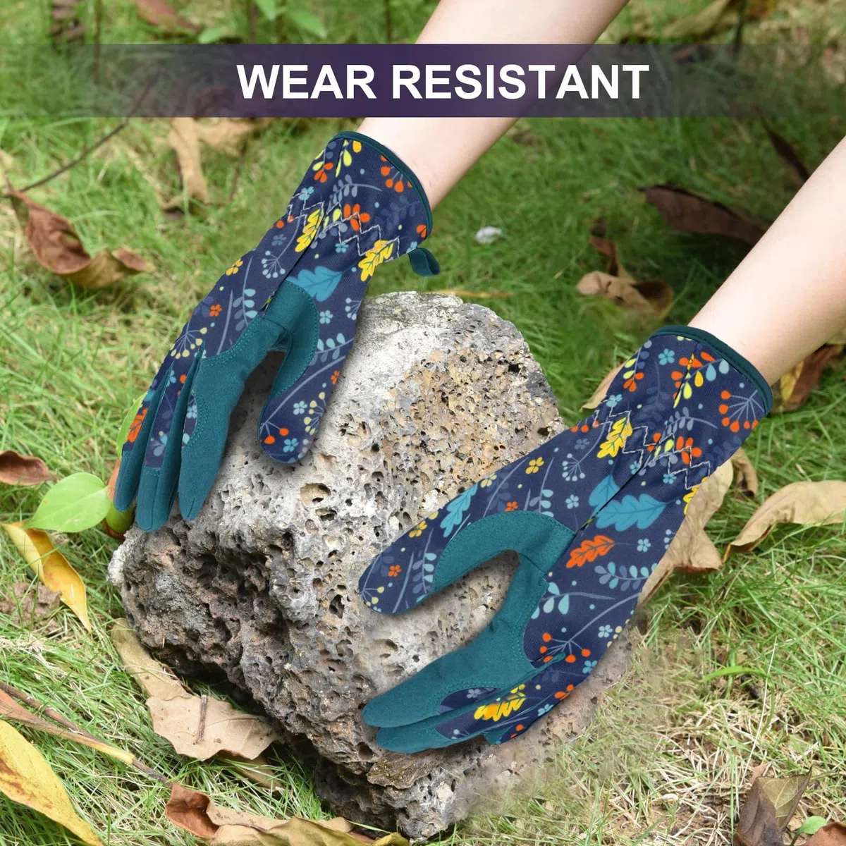 Gartenhandschuhe mit Blumenmuster, Atmungsaktiv und Elastisch, Türkis-Marineblau