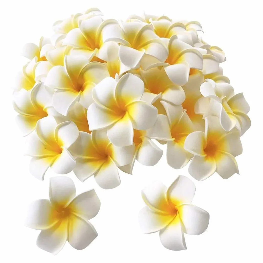 100Pcs Künstliche Frangipani Blumen, Hawaii Schaumstoff Plumeria Köpfe, Plumeria Blüten Haarspange, DIY Frangipani Hawaii Frangipani Kränze für Hochzeits Haarklammer Beach Party