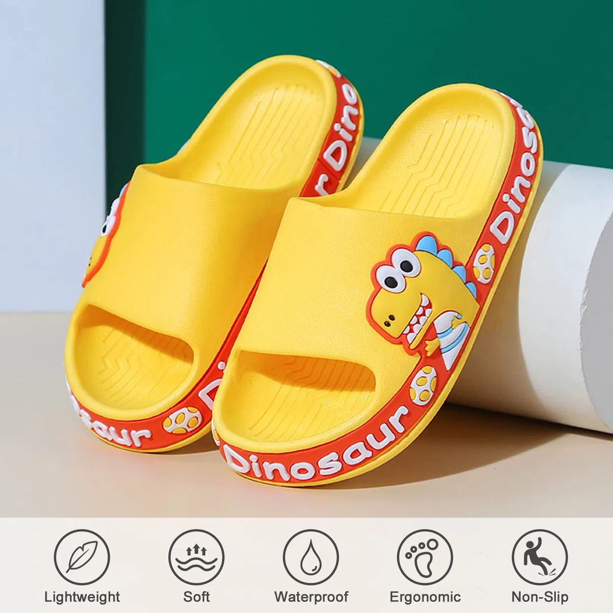 SEAUR Kinder Badeschlappen Rutschfeste Badelatschen Offene Zehen Badeschuhe mit Dinosaurier Muster Sommer Hausschuhe für Badezimmer Pool Schlafzimmer