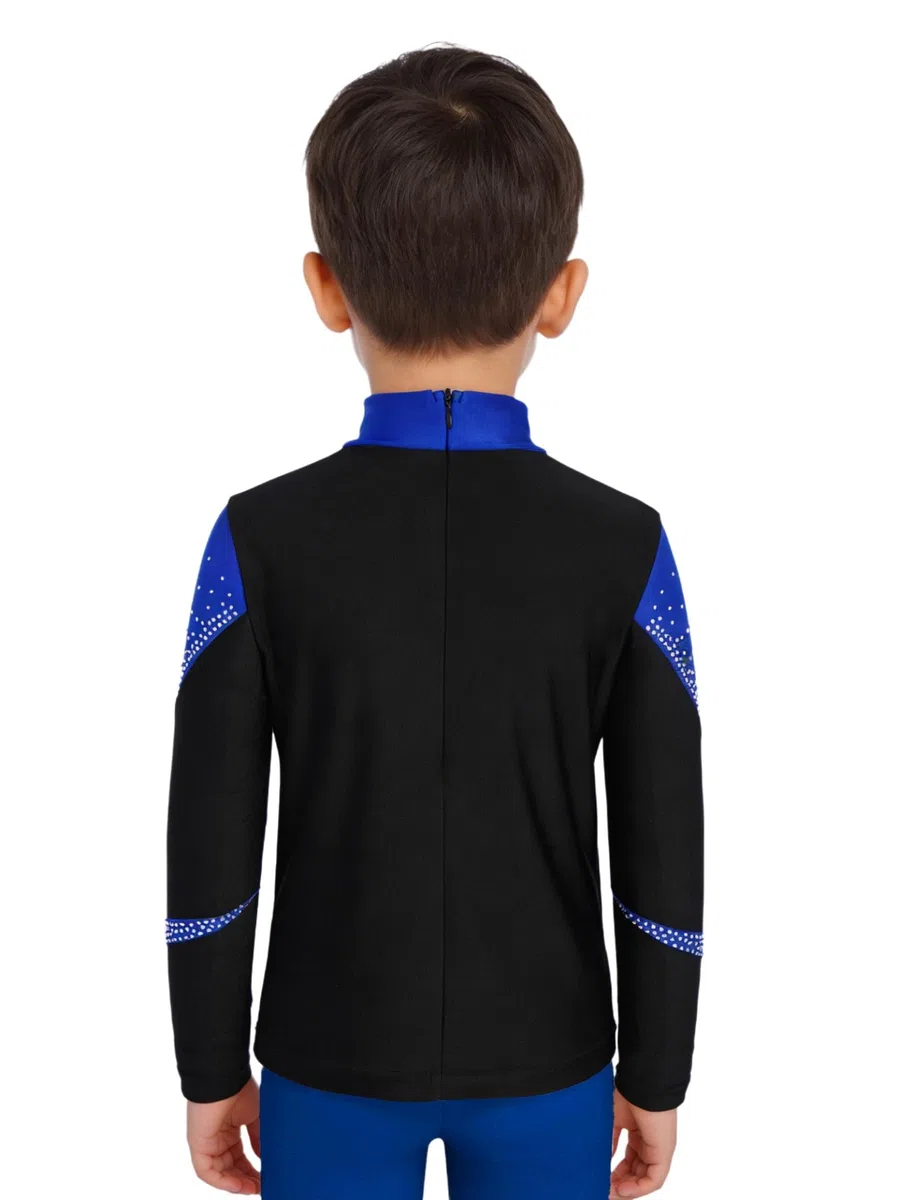 Linjinx Jungen Langarm Hemden Glitzer Strass Latein Tanzshirt Eiskunstlauf T-Shirt Oberteil Eng Gymnastikanzug Wettbewerb Tanzkostüm