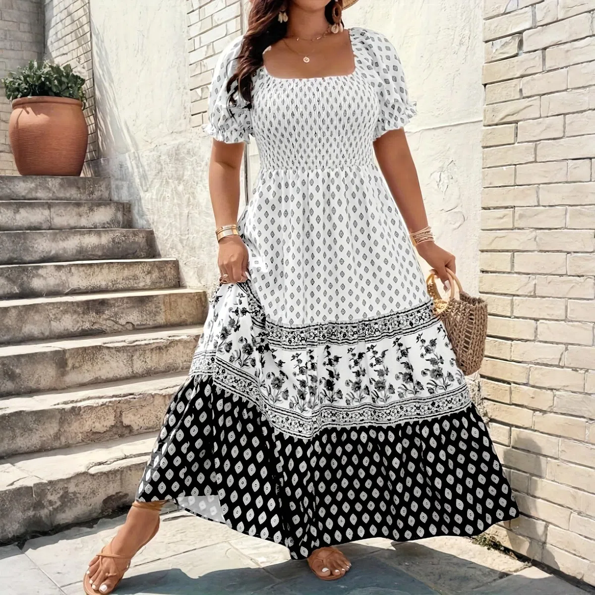 Maxikleid Große Größen Sommerkleid Damen Lang Elegant Blumen Boho Kleid A Linien Gesmoktes Kleider Für Mollige Frauen Sommer Maxi Sommerkleider Leicht Und Luftig Strandkleid Grosse Grössen