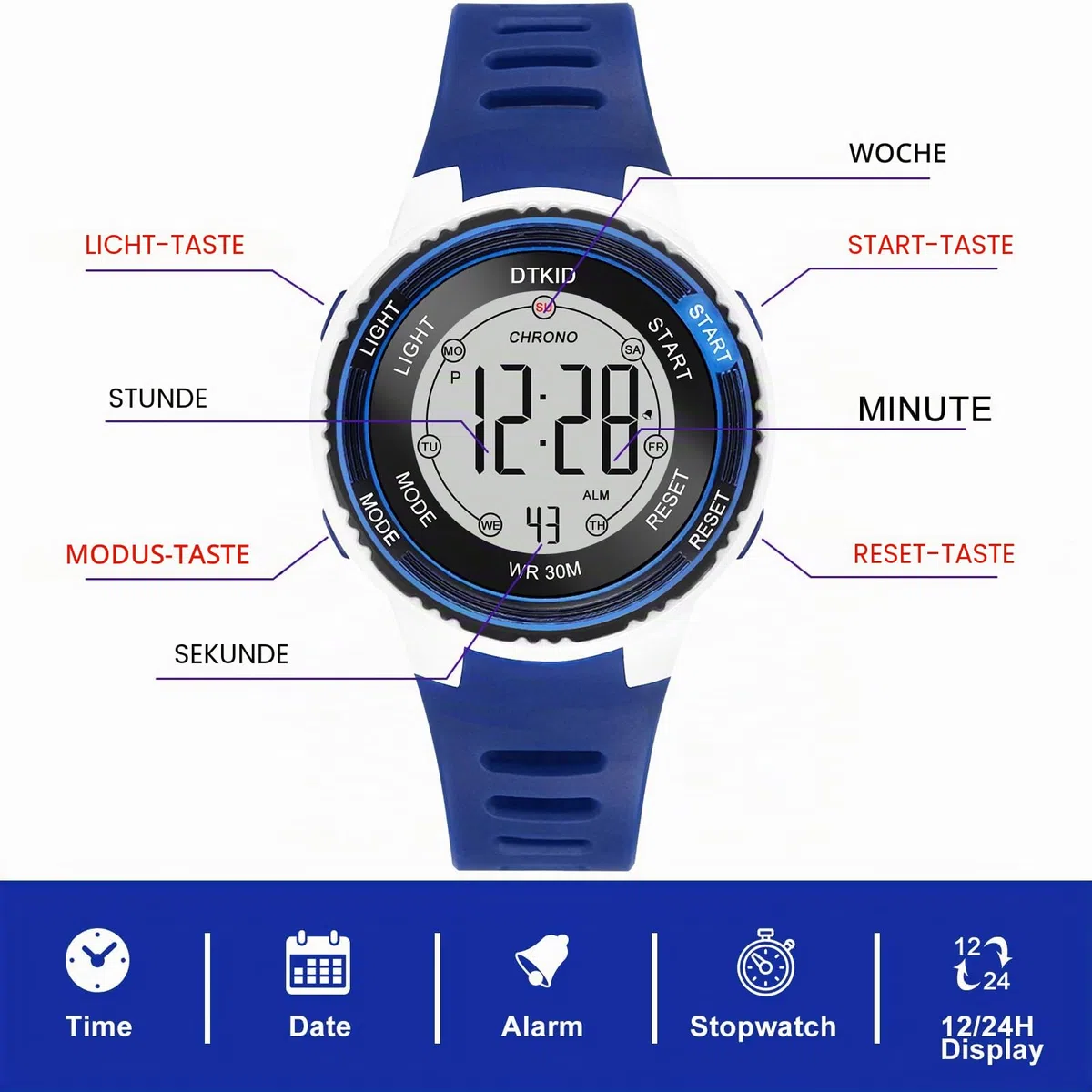 DTKID Digitale Kinderuhr Jungen Mädchen, 7-Farben-LED, Armbanduhr Kinder mit Wecker, Stoppuhr, Datum, 5 ATM wasserdichte Outdoor Sportuhr Kinder Uhren für Teenager