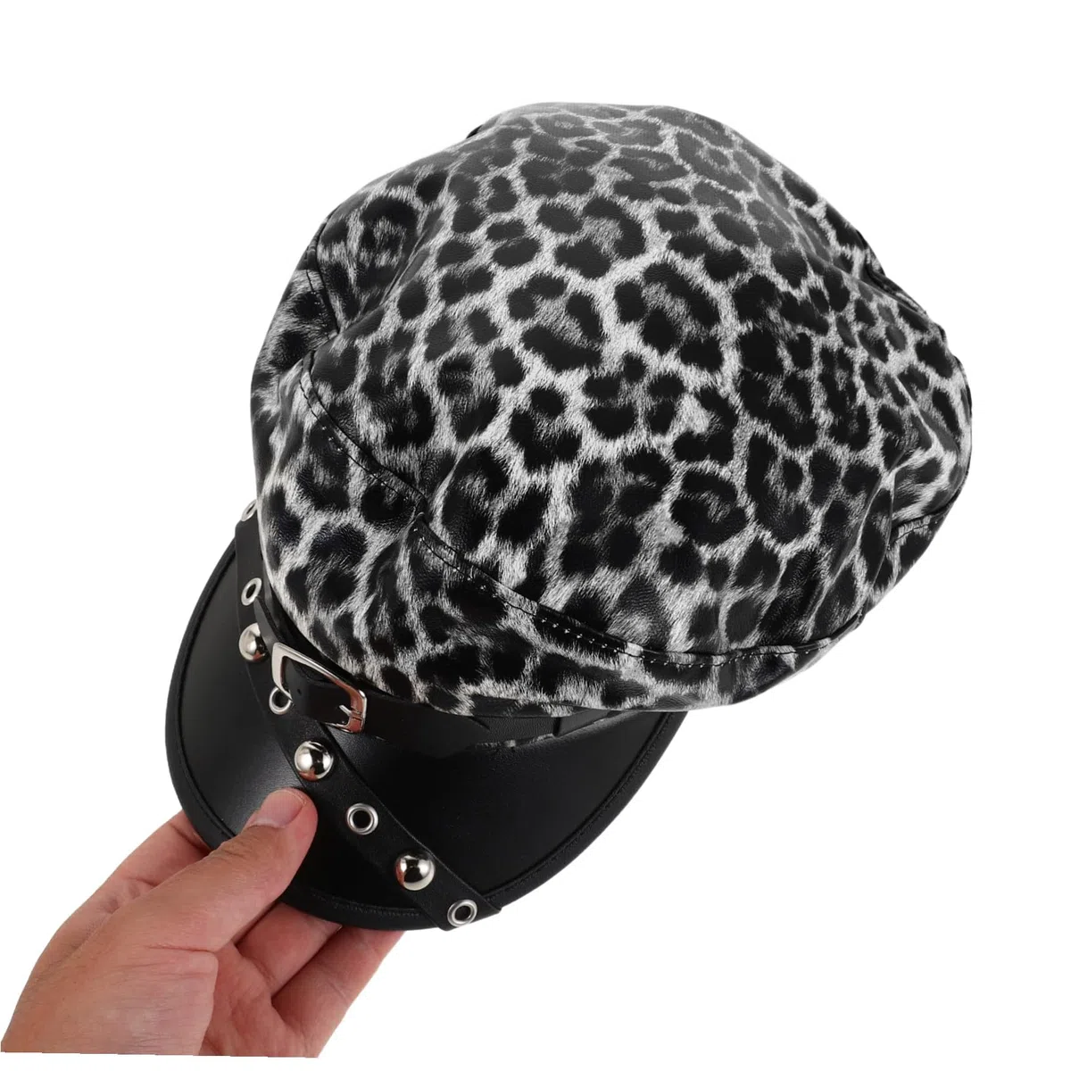 COLLBATH Leopard Print Punk Beret Cap Damen Pu-Leder Flat Top Newsboy Mütze Künstler Stil Vielseitig Winter Streetwear