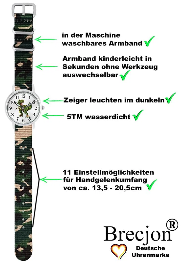 Kinder Armbanduhr Jungen Jungenuhr Kids Dinosaurier T Rex Leuchtzeiger 5 ATM Wasserdicht Textil Armband