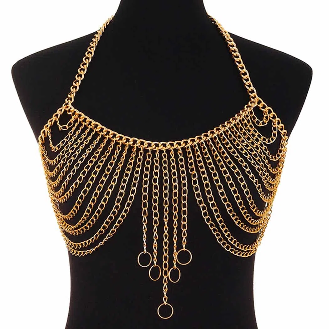 Sexy Körperkette BH Gold Quaste Brustketten Körperzubehör Rave Kette Strand Bikini Körperkette Schmuck für Frauen und Mädchen
