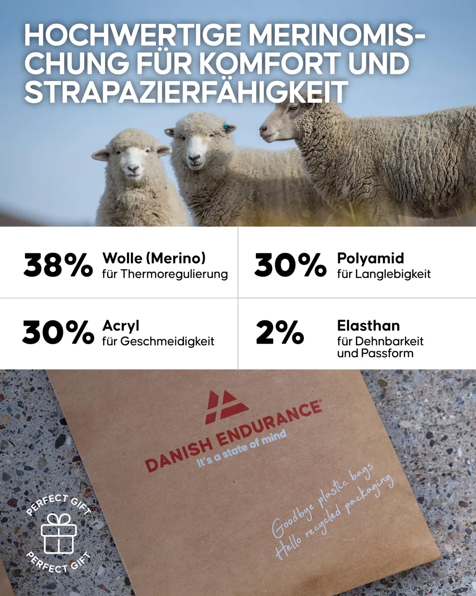 DANISH ENDURANCE Leichte Merino Wolle Wandersocken, Warme Wollsocken, Thermo Merino Socken, Gepolstert, Atmungsaktiv, Unisex, für Herren & Damen