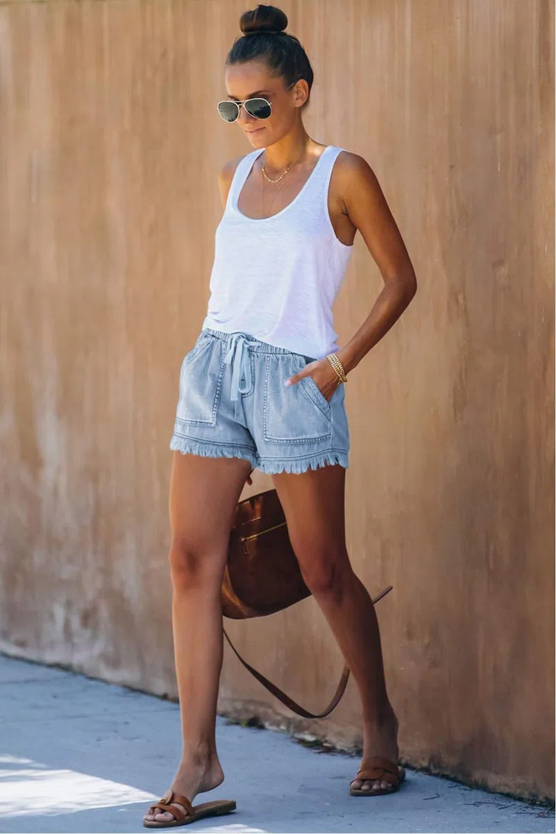 HVEPUO Damen Baumwolle Leinen Shorts Gummiband Hotpants Sommer Weite Kurze Hosen