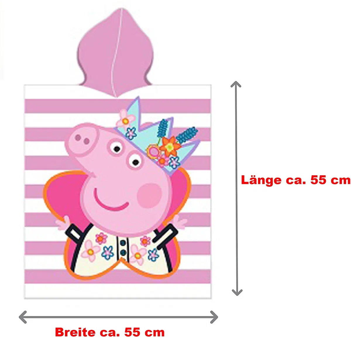 Peppa Wutz Pig Kinder Kapuzen Bade-Poncho Happy 55x110 cm 100% Baumwolle Veloursqualität Poncho Bademantel Badetuch Strandtuch Duschtuch Handtuch Pareo Grampy Rabbit Mümmel Sunny Cartoon Piggie