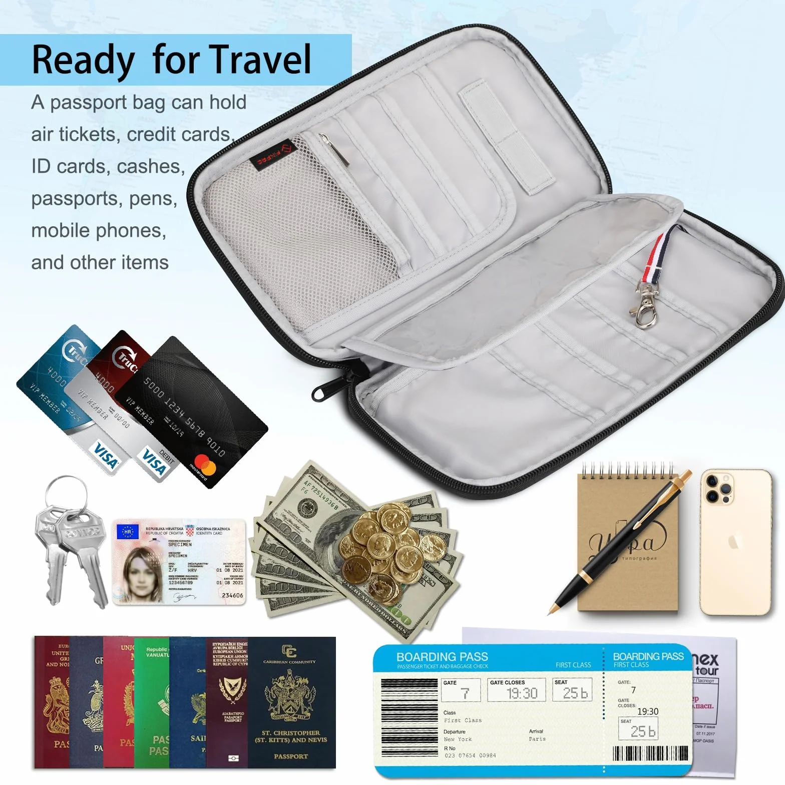 FINTIE Reisepass Tasche Familie Reiseorganizer, RFID-Blockier Wasserdicht Handytasche Reisepasshülle Ausweistasche Dokumente 6 Pässe für Damen und Herren,