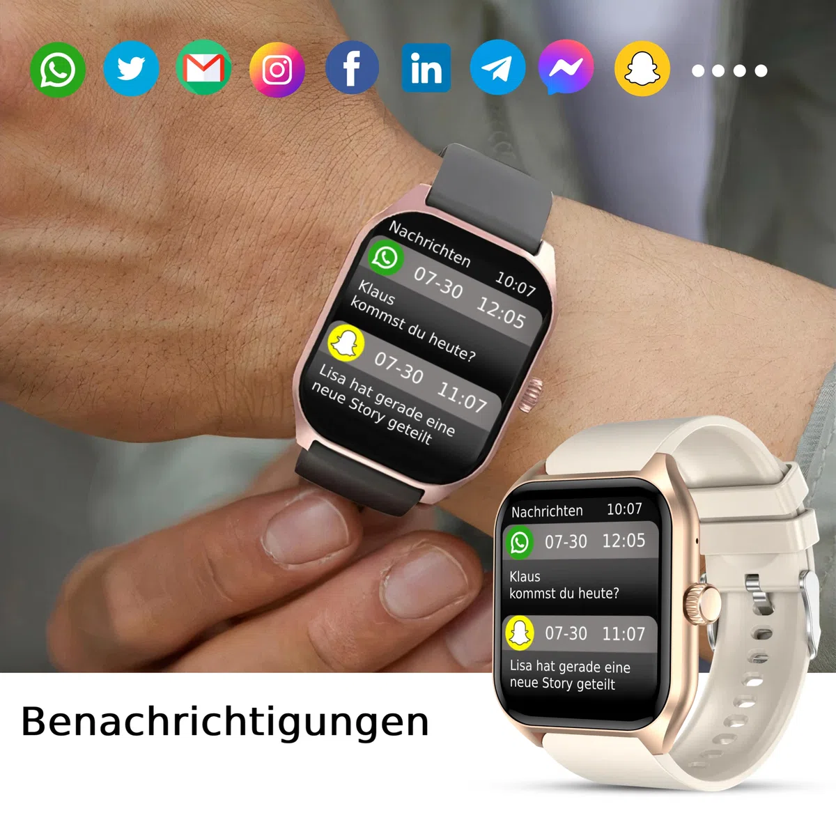 Bliknes X5 Smartwatch 1,96 Zoll für Damen Herren mit Telefonfunktion und Benachrichtigungen, kompatibel mit Android und iOS, Schlafmonitor, Schrittzähler, Fitness Tracker (Beige Gold)