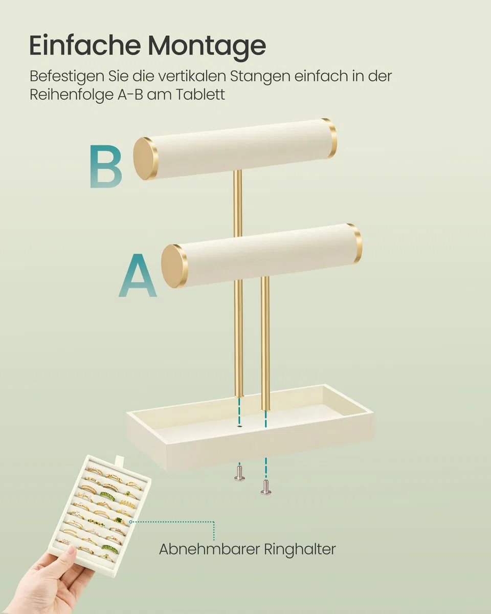SONGMICS Armbandhalter-Ständer, Schmuck-Display-Ständer, Schmuck-Organizer, mit 3 Ebenen und Samt-Tablett, abnehmbarer Ringhalter, Creme-Weiß und Hellgold JJS039W101