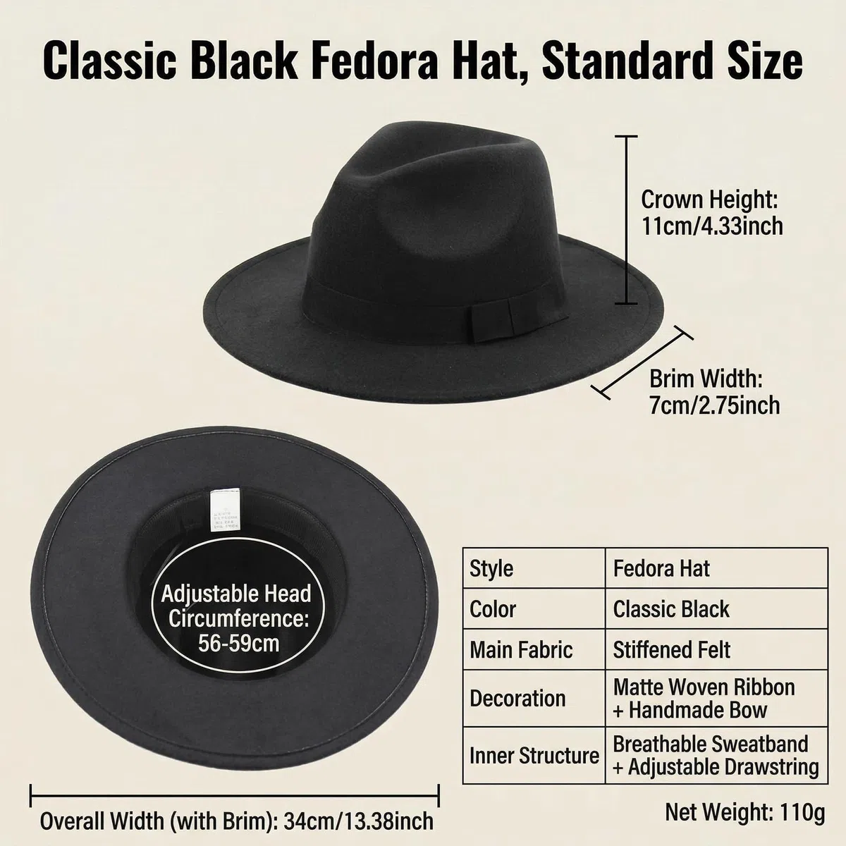 Zweifarbige Schwarze Breitband-Kirche Derby Knoten Strand Sonnenhut für Männer und Frauen 56-59cm Kopf umgeben (schwarz)