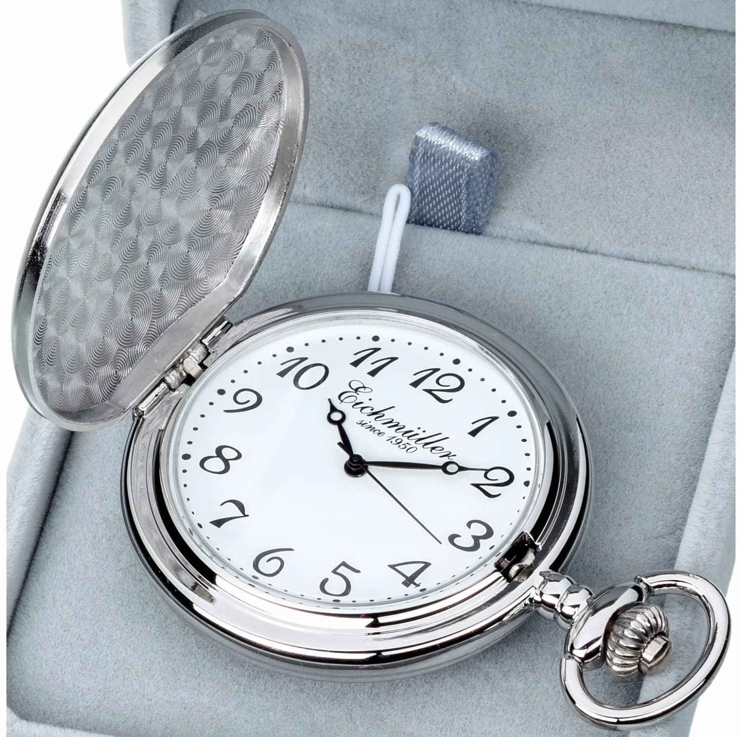 Eichmüller Savonnette Quartz Taschenuhr aufklappbar mit Karabiner Kette und Box
