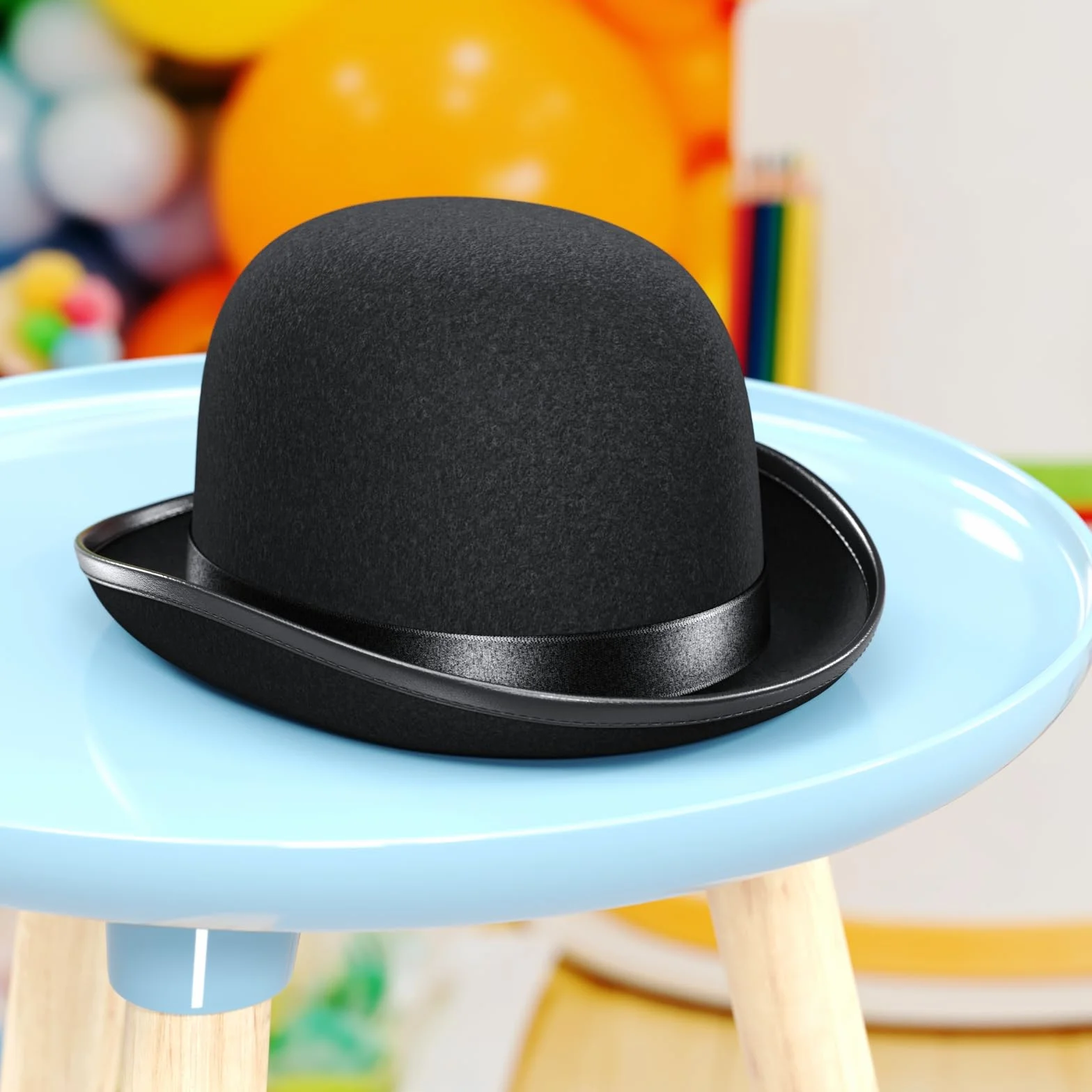 WELLGRO 4x Hut Melone schwarz für Erwachsene, Bowler mit Satinband, 30,5 x 24 x 13 cm (LxBxH)