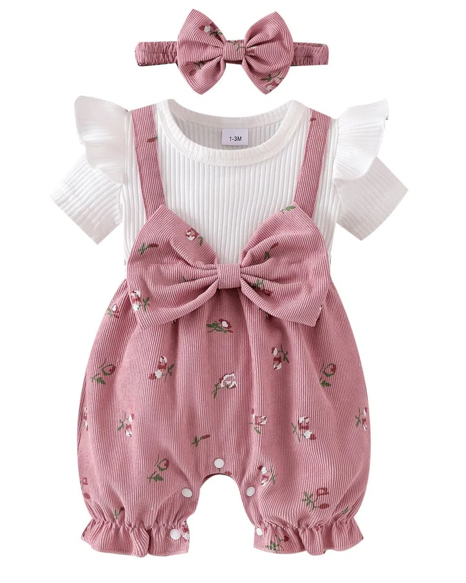 WYTbaby Baby Mädchen Kleidung Strampler Langarm Jumpsuit mit Blumen und Schleife Outfits Frühling Herbst Bekleidungssets für 1-18 Monate