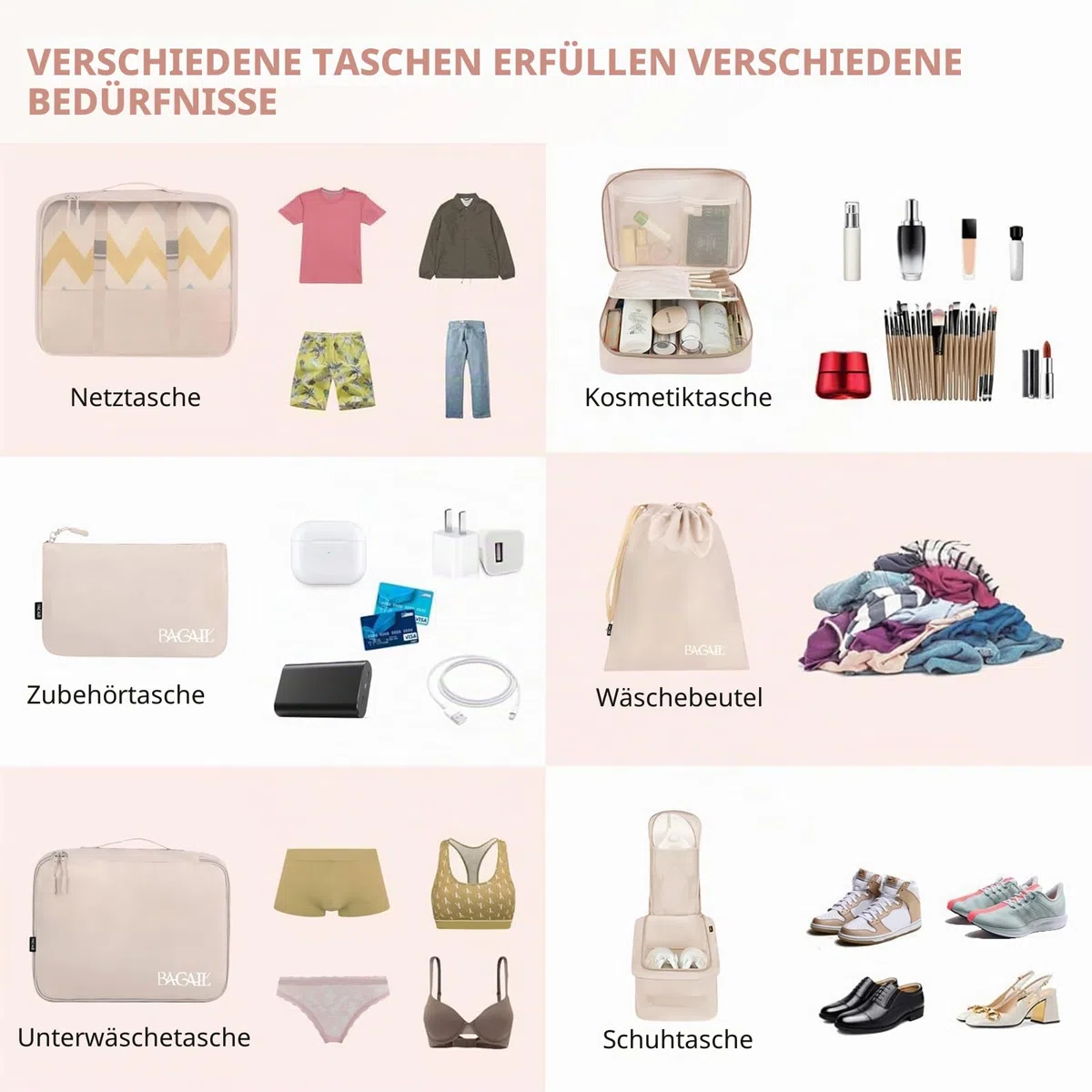 BAGAIL 8 Teilige Packwürfel, Kleidertaschen, Packing Cubes, Verpackungswürfel, Packtaschen Set für Urlaub und Reisen, Kofferorganizer Reise Würfel, Ordnungssystem für Koffer
