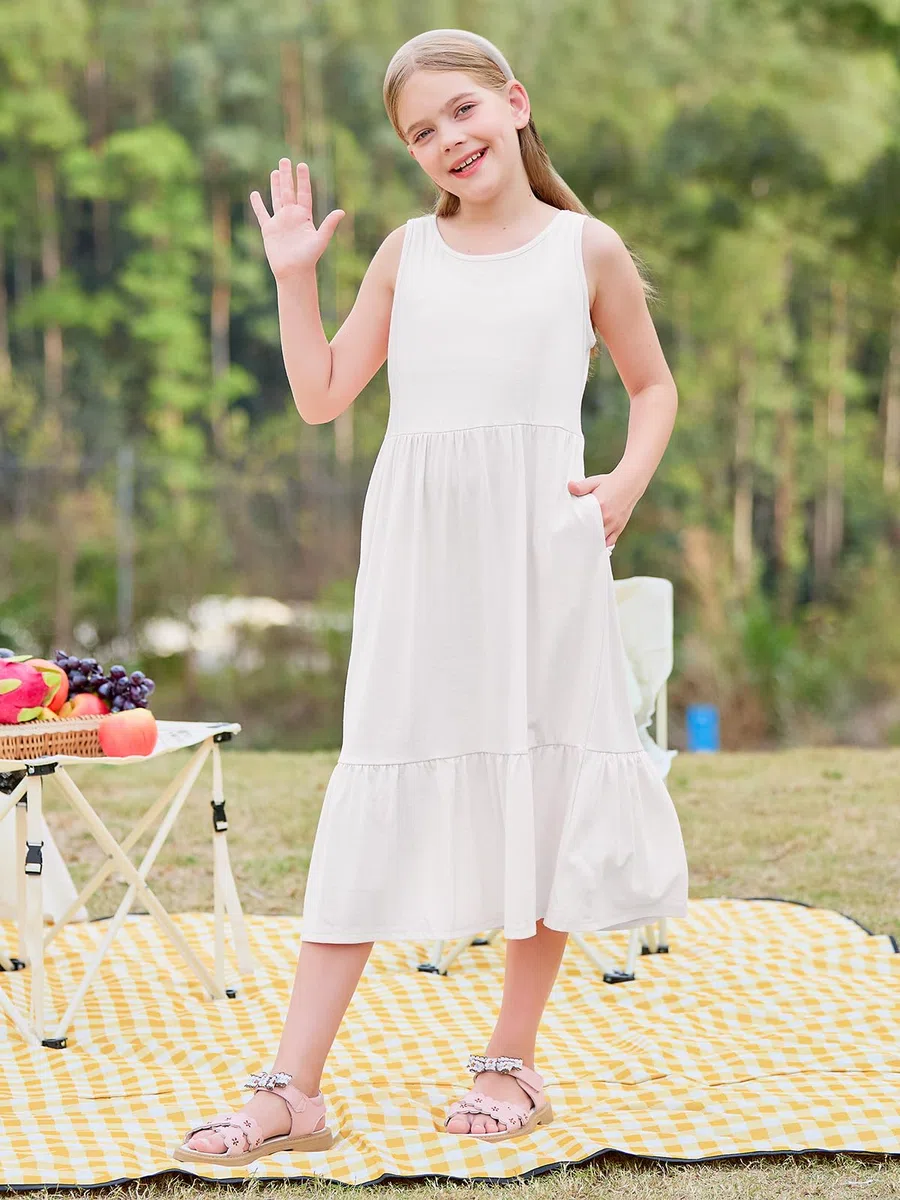 Haloumoning Mädchenkleider Sommer Ärmelloses Kleid Rundhals Tanktop Kleid Kinder Langes Freizeitkleid Sundress