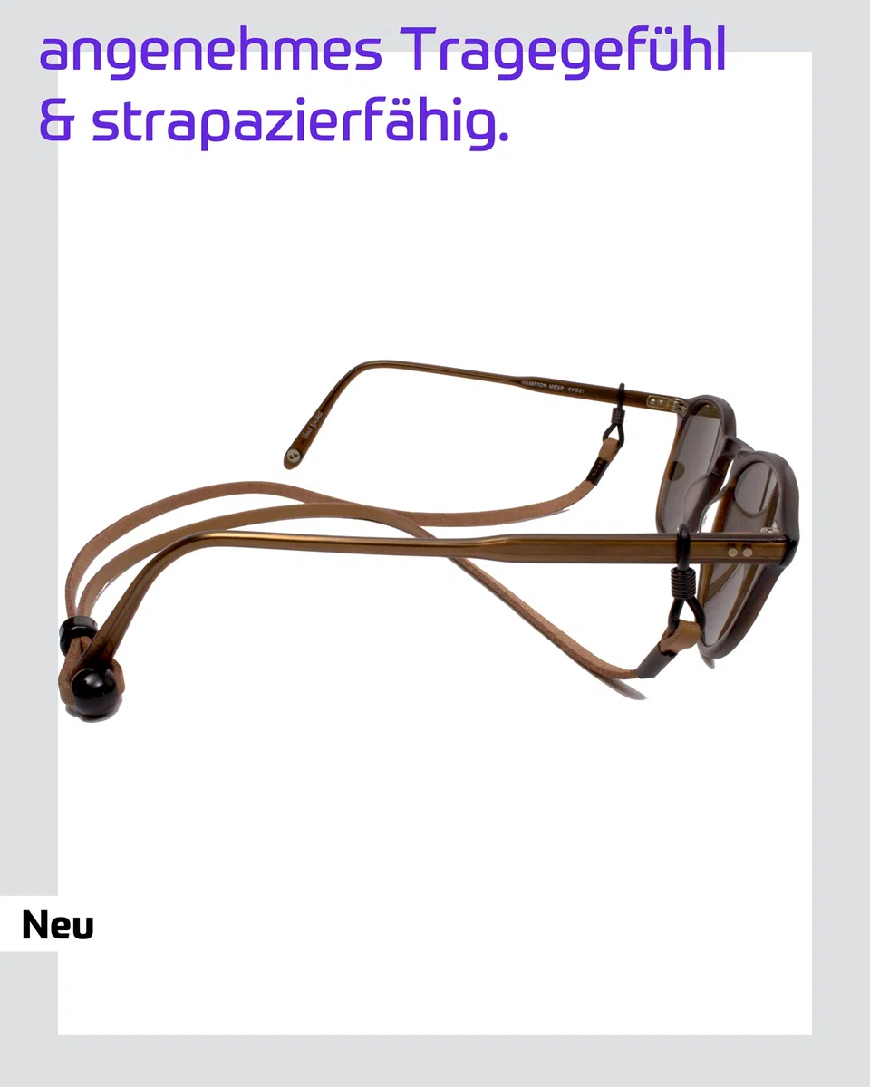 Madrid – hochwertiges Brillenband Leder- & Wildlederoptik - Unisex PU Brillenkordel für Sonnenbrillen & Lesebrillen – Band schwarz & hellbraun – Halterungen schwarz