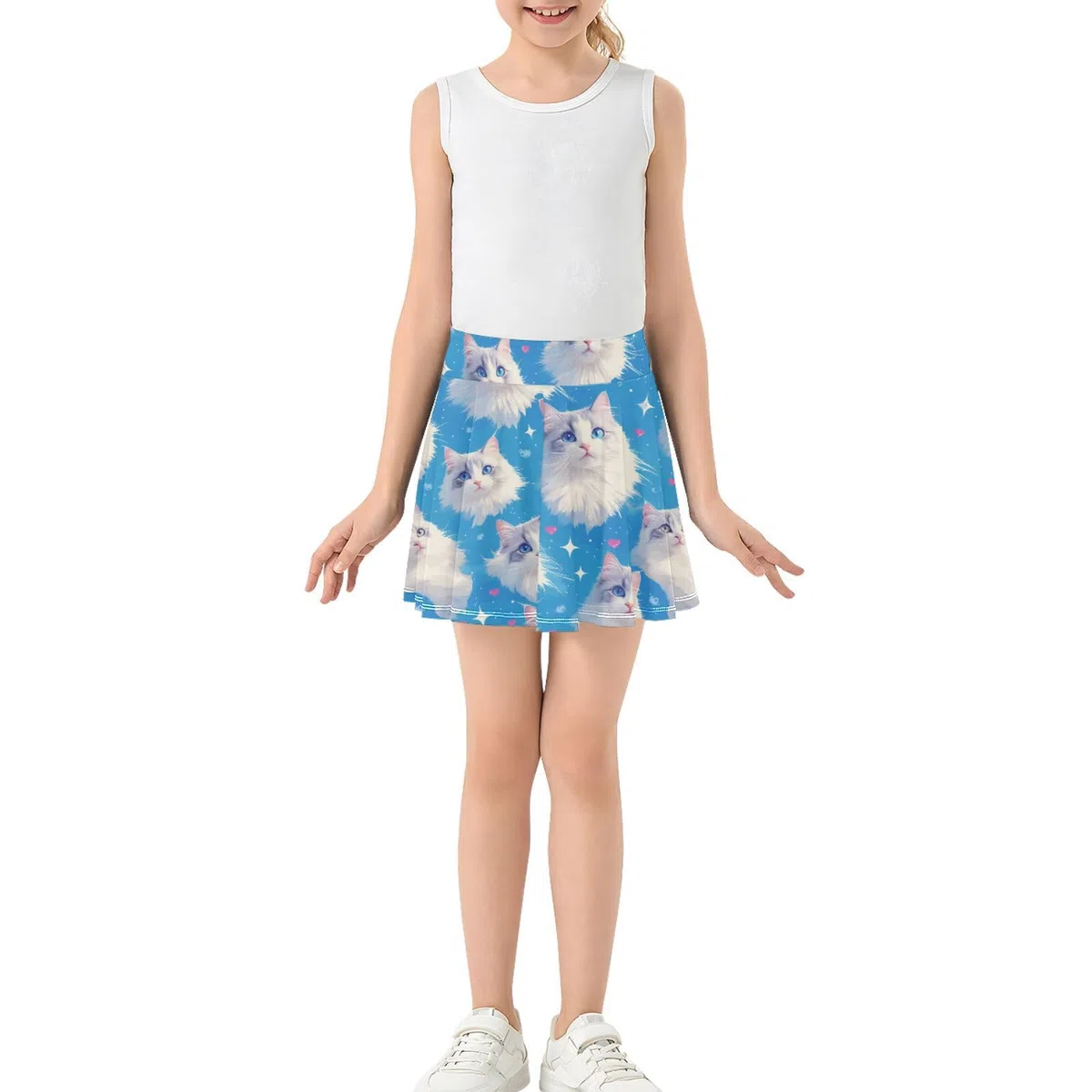 Tennisrock mit niedlichem Katzengesicht, für Mädchen, mit integrierten Shorts, Faltenrock für kleine Mädchen und Jugendliche, Blau