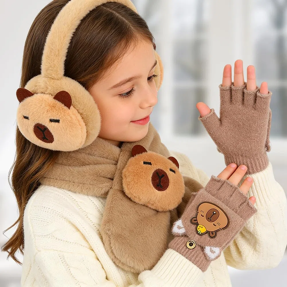 Capybara Winter Accessoires Kinder, 3PCS Ohrenschützer Fäustlinge und Schal Set Ohrenwärmer Earmuffs Plüsch Winterschal Kinderhandschuhe Winter Set Outdoor-Aktivitäten für Junge Mädchen Braun