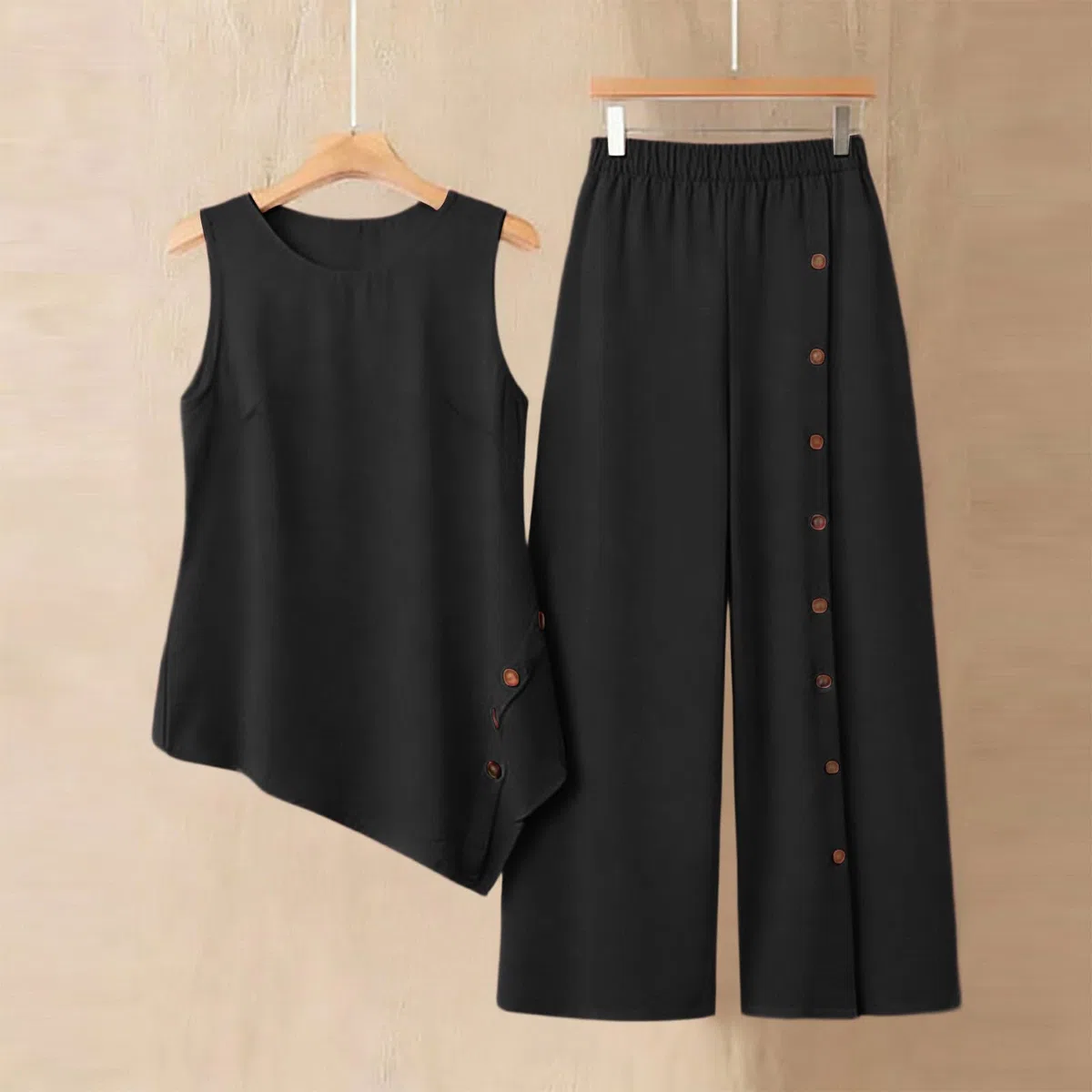 Damen Baumwolle Leinen Lounge Set Aermellos Rundhals Tank Top Weite Hose Sommer Zweiteiler Laessig Strand Outfit Naturfreundlich Bequem Sommer Casual Style