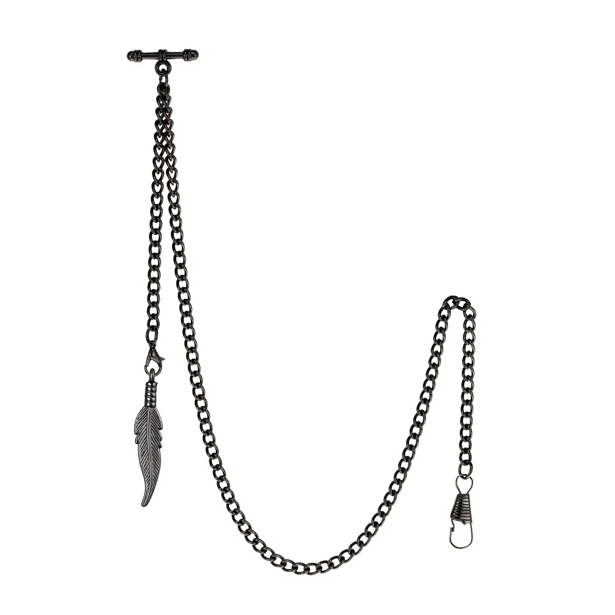TREEWETO Taschenuhrkette mit T Bar Endstück Albert T-Bar Taschenuhr Kette mit Antiker Blatt-Anhänger und 2 Haken für Weste Knopfloch