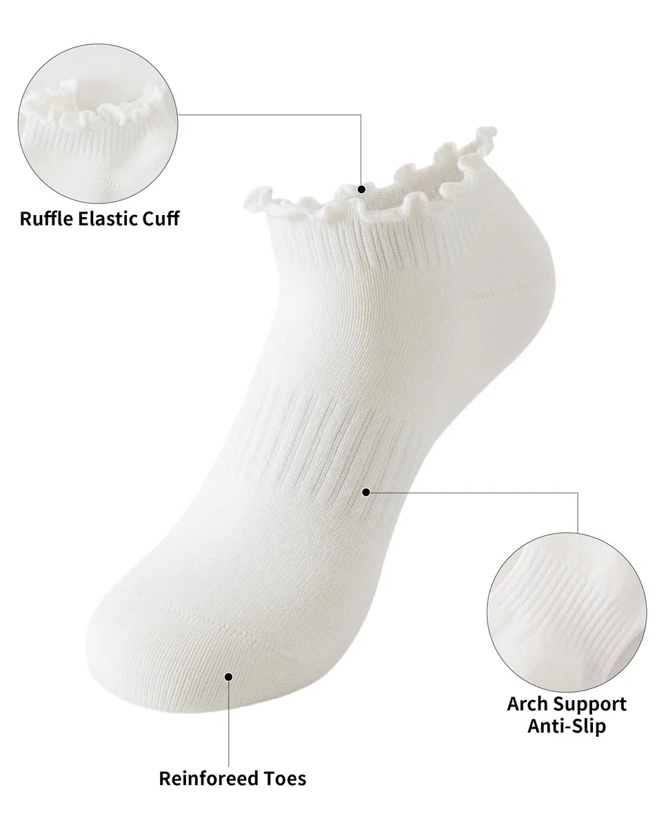 Yawlsow 6 Paar Rüschen Socken Damen Baumwollsocken Knöchelsocken Söckchen mit Rüsche weiche kurze Sommersocken für Sneaker Loafer Freizeitschuhe