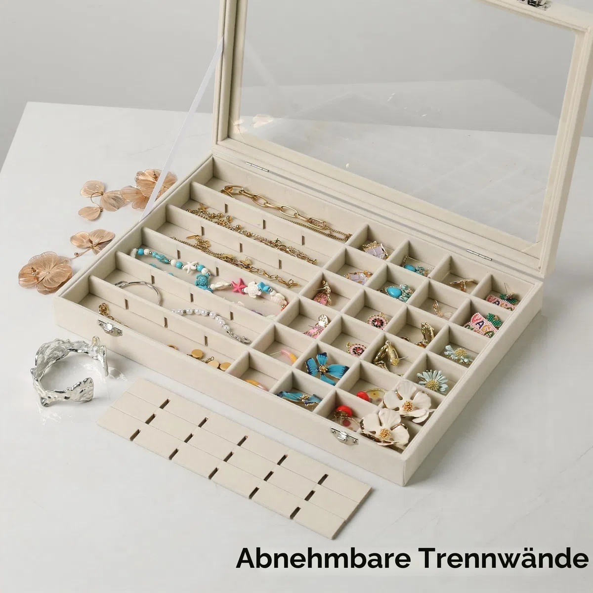 Frebeauty Schmucktablett mit 48 Fächern, verstellbarer Ohrringhalter mit Glasdeckel, Samt-Schublade, Schmuck-Organizer für Ringe, Nieten, 35,8 x 24,1 x 5,1 cm, Schmuckbox, Geschenk für Frauen (Beige)