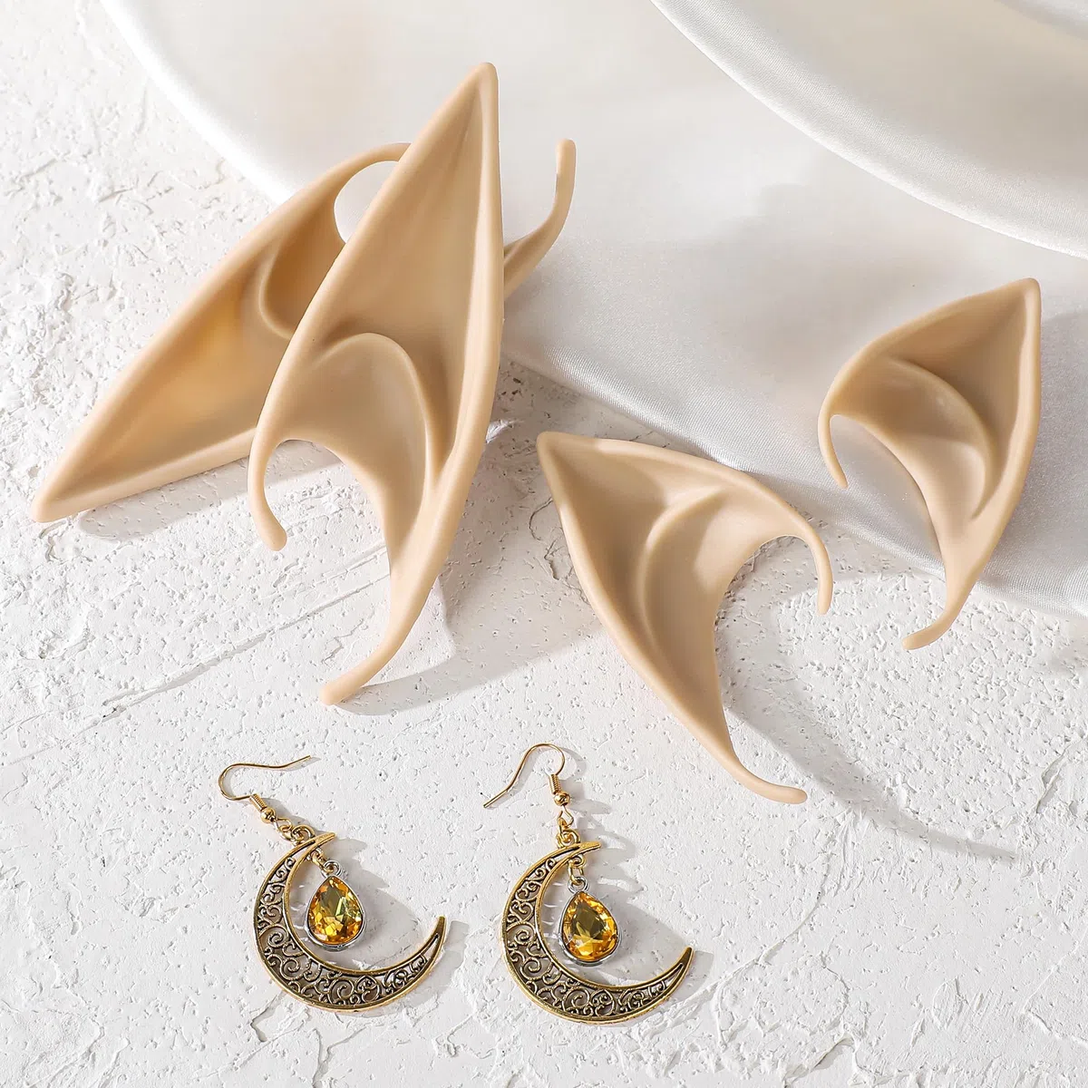 MOSTORY Elfenohren Kopfschmuck Ohrringe Damen Set, Diadem mit Quasten und Mond für Cosplay Karneval Renaissance Kostüm
