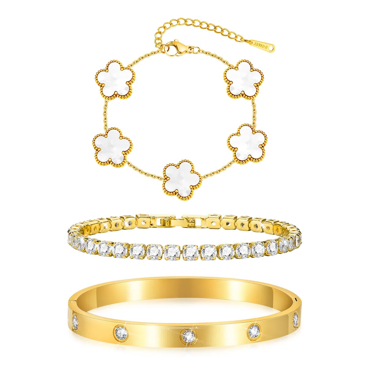 3 Stück Kleeblatt Armband Damen Gold, 18K Stapelbare Fünfblättriger Kleeblattschmuck Set, Halskette Tennis Armbänder, Edelstahl Armreif Zirkonia, Glückssymbolgeschenke Den Alltag Geburtstage Jahrestag