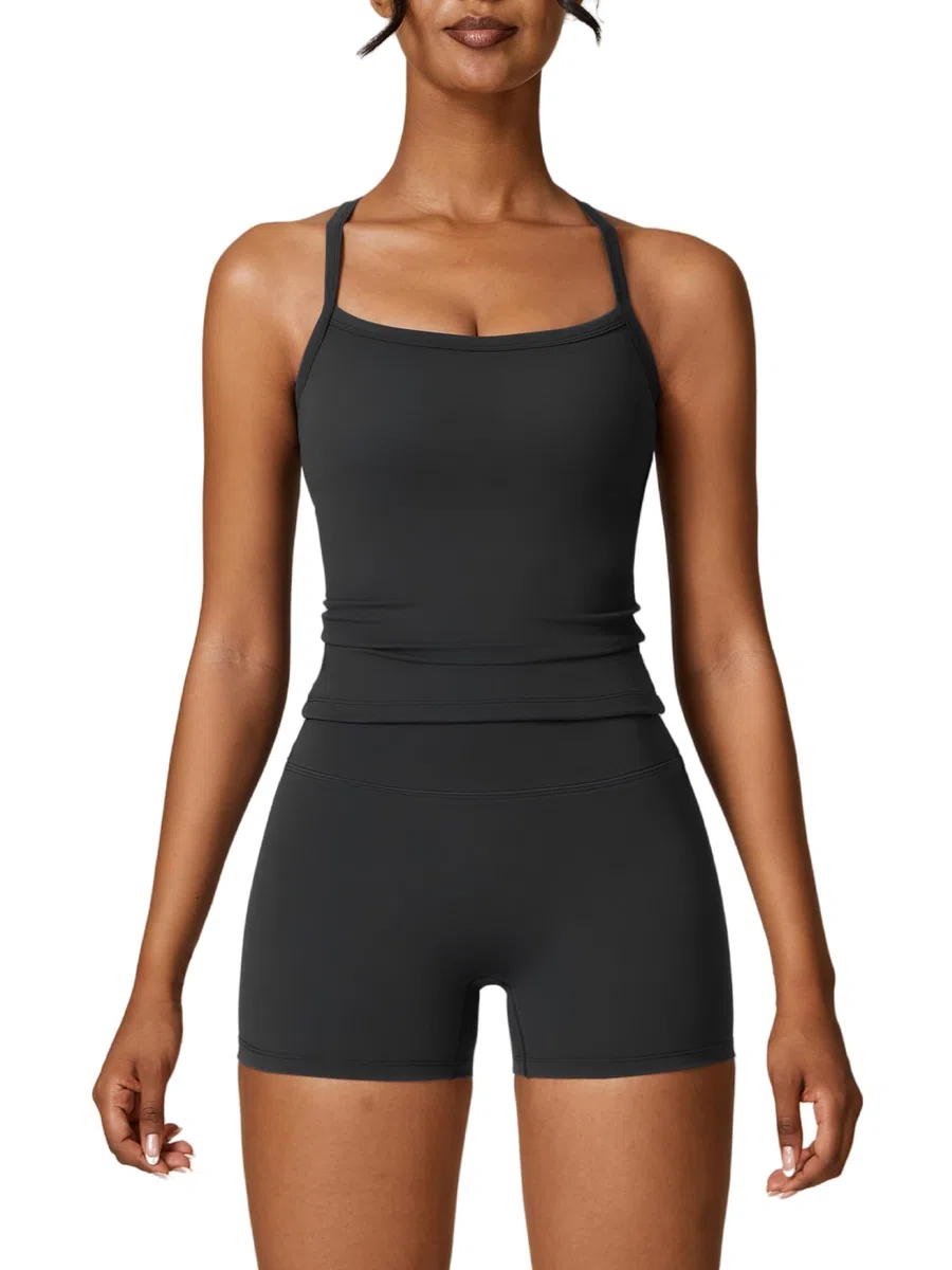 IDOPIP Sportanzug Zweiteiler Damen für Fitness: Spaghettiträger Sommer Outfits mit BH-Polster und hohe Taile Leggings kurz - Gym Set für Yoga, Pilates und Workout