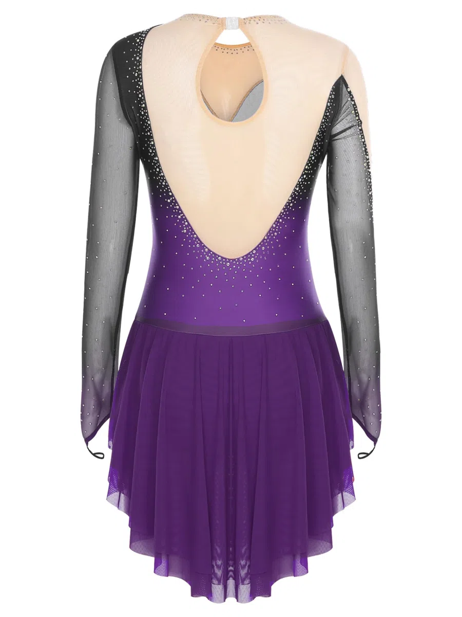 Linjinx kürkleider Eiskunstlauf Kleid Damen Kürkleid Rollkunstlauf Langarm Strass Ballettkleid Gymnastikbody Mit Chiffon Rock Tanzanzug