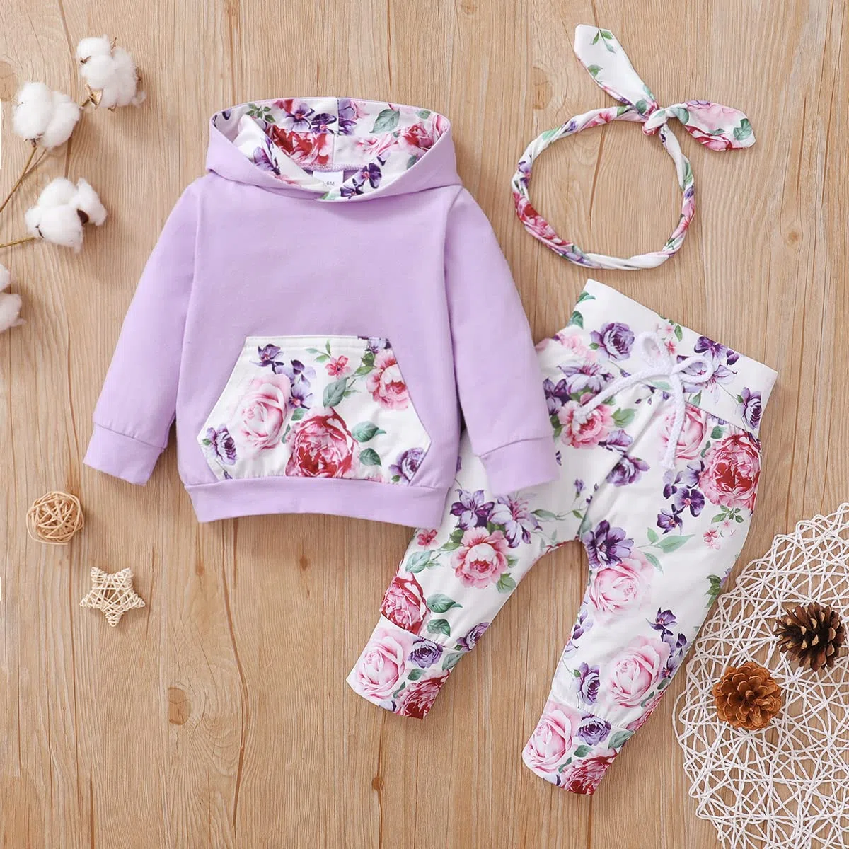 T TALENTBABY 3 StüCk Babykleidung Mädchen 0-24 Monate, Baby Kleidung Outfit Set, Neugeborenes Girl Langarm Floral Warme Bekleidungsset, Sweatshirt+ Hose+ Stirnband