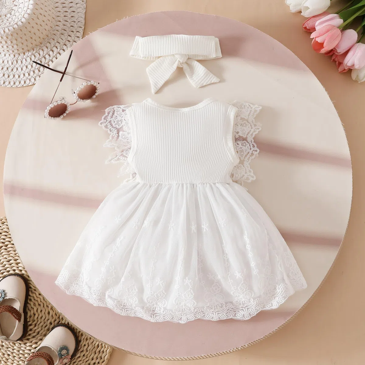 Babykleidung für Neugeborene Mädchen Gerüschtes Kleid mit Blumendruck Sommer Outfits Süßes Schleifen Stirnband Rock Set