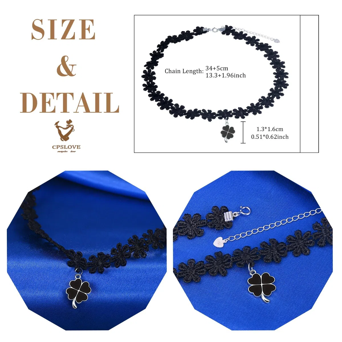 Damen Schwarze Blume Halsreife Halskette 925 Silber Ketten mit Vierblättriger Kleeblatt Anhänger für Mädchen Elegante Choker