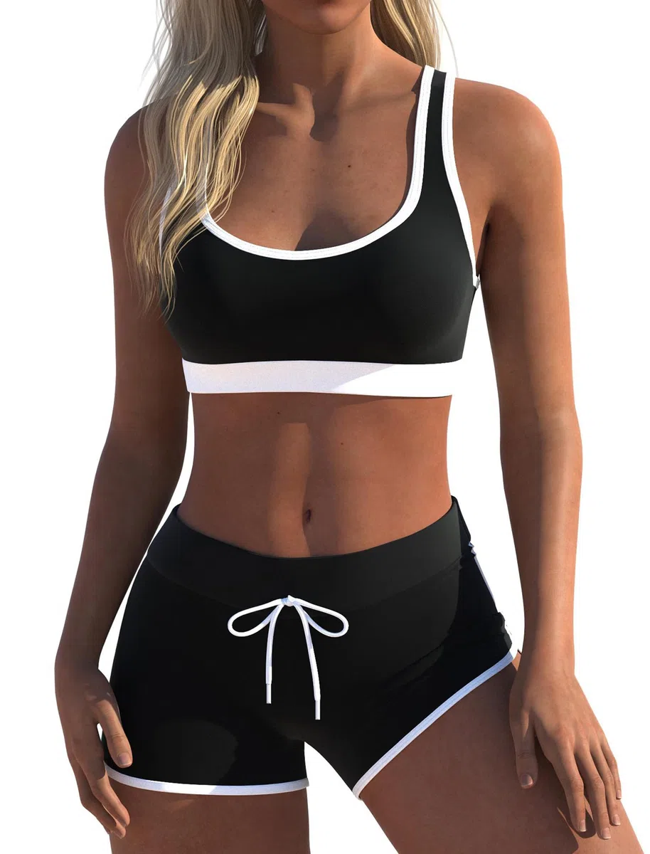 Womens Sport Two Piece Swimsuits Racerback Tops Boyshort Bottom